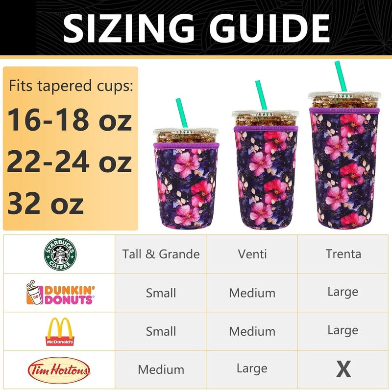 YR Reusable Neoprene Insulator Sleeve for Iced Coffee Cups, 3 Pack Coffee Coolies sleeves for Iced & Hot Drinks, Cold Beverage Cooler Compatible with Starbucks Coffee and More (Fuchsia Floral) - Image 2